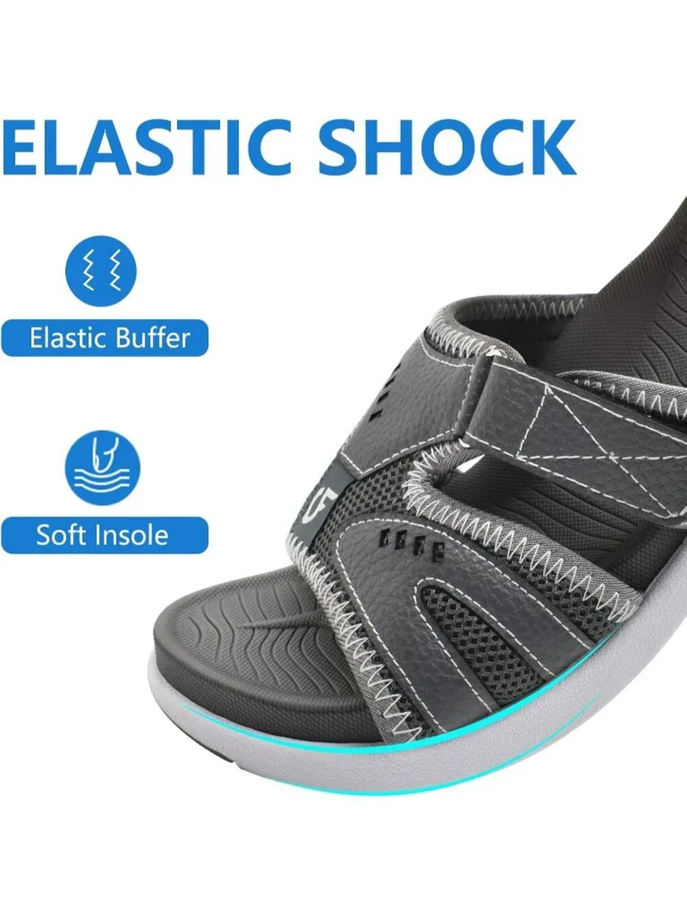 Men's Grey Sport Recovery Sandals Plantar Fasciitis Soft Cushion Lightweight